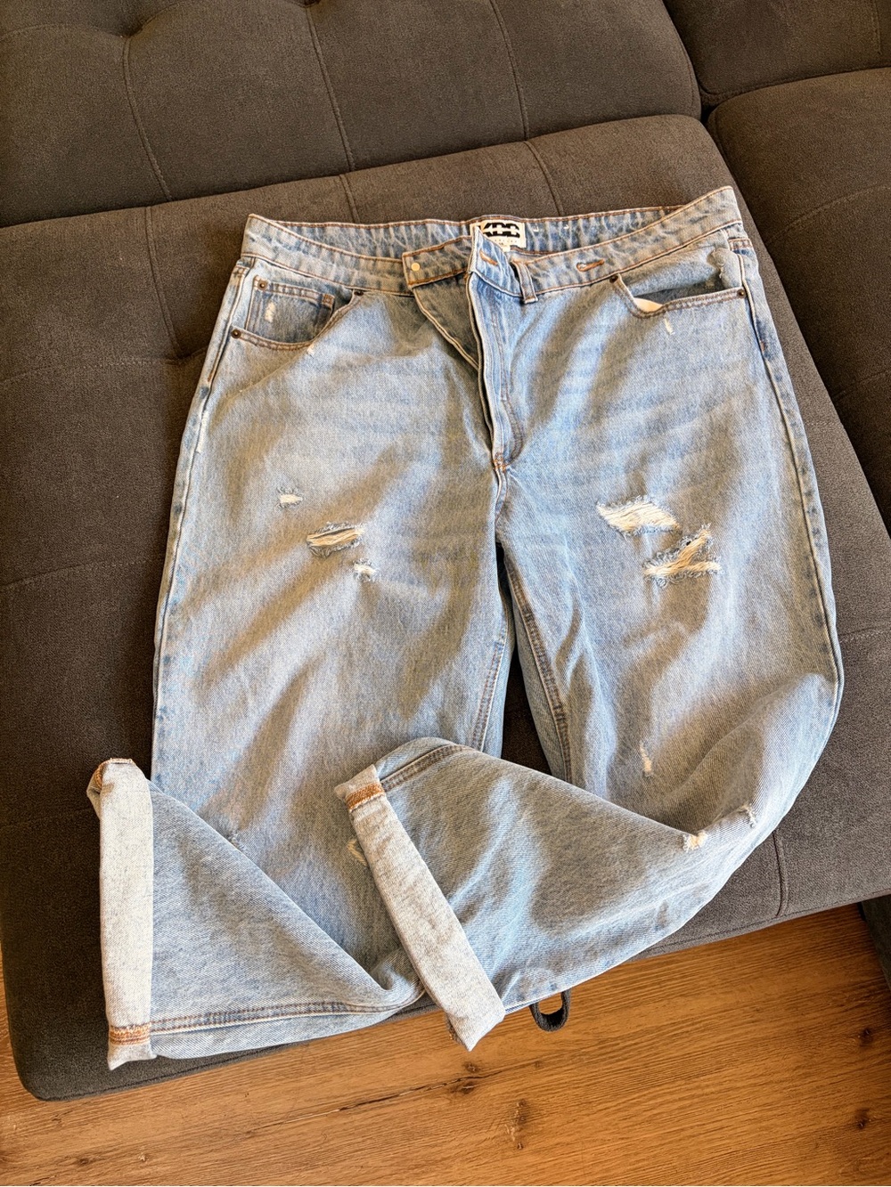 Light Blue Distressed KBB slant button Jeans